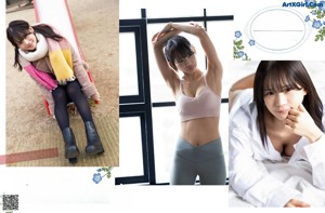 A woman in a white shirt and gray leggings posing for a picture.